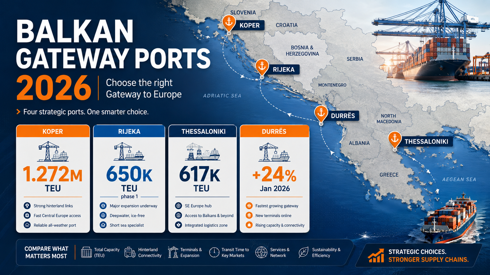 Choosing a Balkan Gateway Port in 2026: Koper, Rijeka, Thessaloniki and Durrës Compared