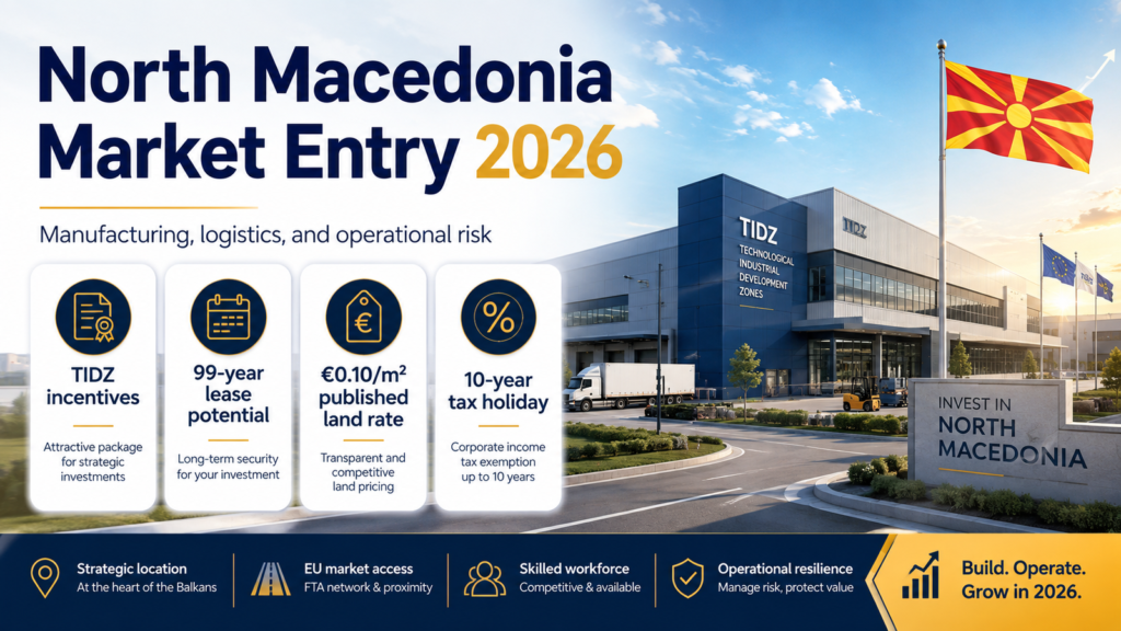 North Macedonia Market Entry in 2026: TIDZ Incentives, Manufacturing and Operational Risk